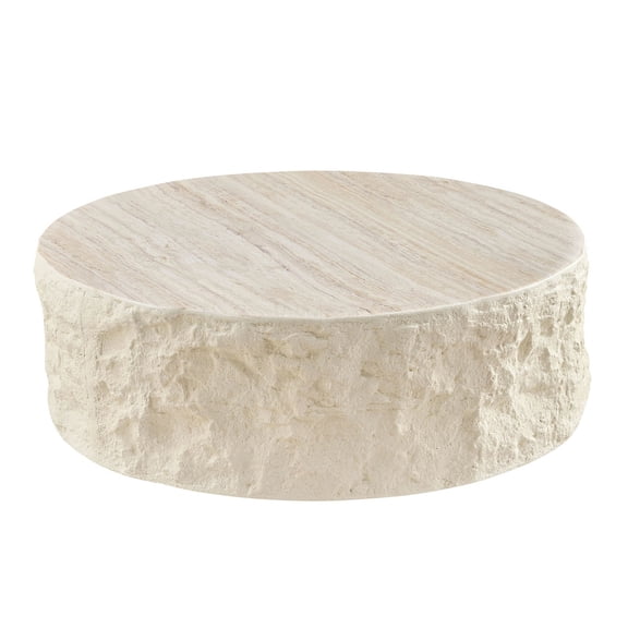 Beige Fiberglass Coffee Table, 35.43" Round Imitation Stone Sofa Table for Living Room, No Assembly Required