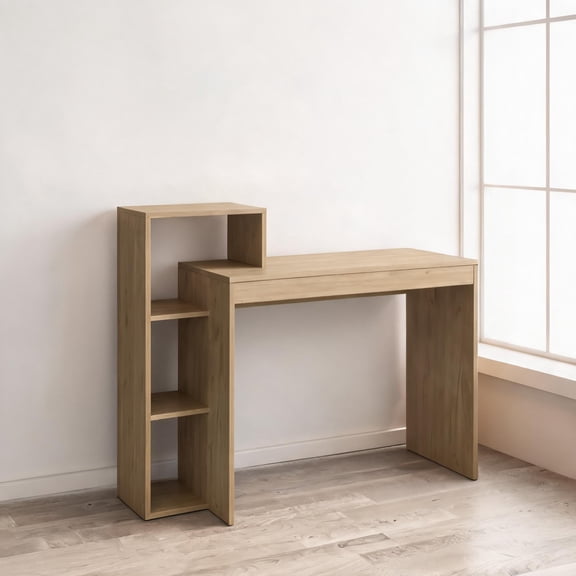 Beige Finish 3-Shelf Computer Desk, Engineered Pine Wood for Small Home Office Workspaces