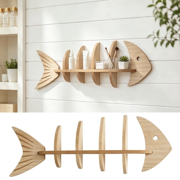 Beige Fishbone Wall Shelf - Wooden Decorative Display Rack for Living Room and Home Storage (26.97" x 9.25") Beige