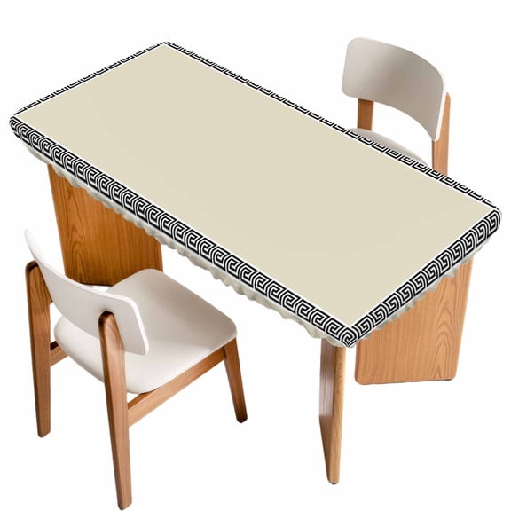 Beige Fitted Rectangle Tablecloth 24" x 50" Greek Chinese Style Border Geometric Elastic Table Cloth Fits for 4 Foot Folding Tables Waterproof Table Cover for Picnic Camping Outdoor