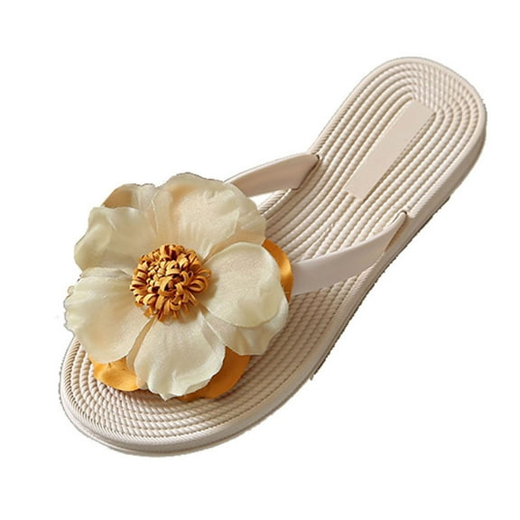 Beige Flat Heel Flip Flops For Women With Straw And Flower Accents Rural Vacation Design For Beach And Casual Wear