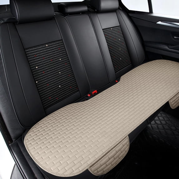Beige Flax Car Seat Cushion Summer Ventilated Breathable Cool Pad | 3 Piece Set Backrest & Rear Seat Cover for Sedan SUV Truck