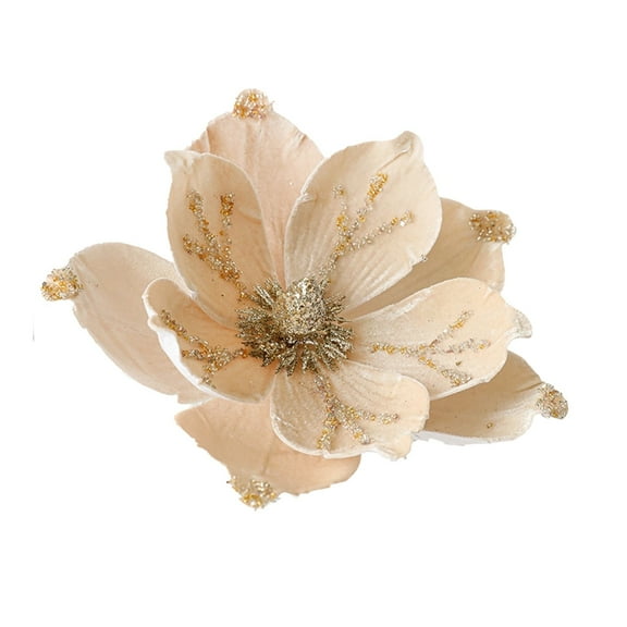 Beige Flocked Christmas Magnolia, 24Cm, Realistic, Green White Pink, Home Holiday Decor
