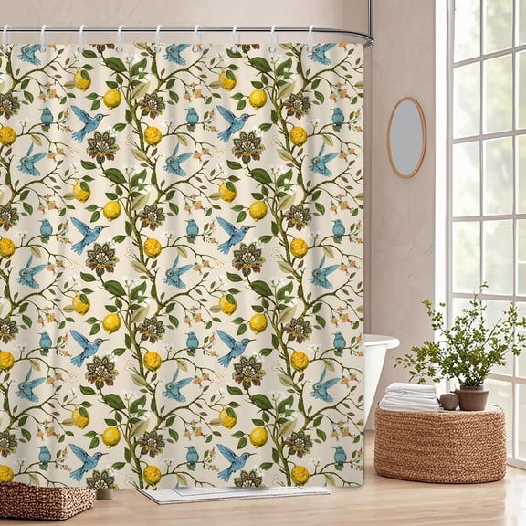 Beige Floral Bird Shower Curtain 47"x71",Hummingbird Botanical Bathroom Curtains,Vintage Farmhouse Chic French Country Style Bath Curtain Decor