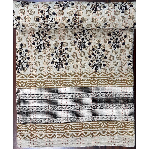 Beige Floral Block Print Indian Kantha Quilt, Handmade Cotton Bedding, Natural Dye Bedspread, Reversible Indian Boho Quilt