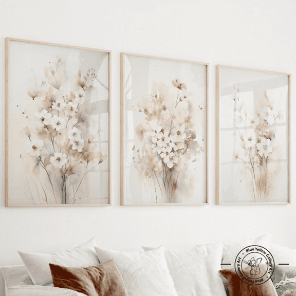 Beige Floral Botanical Farmhouse Living Room Boho Poster Set 3 Prints Set 3 , Poster Only