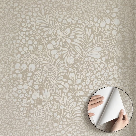 Beige Floral Botanical Wallpaper, Vintage Farmhouse Minimalist Aesthetic Peel and Stick Wallpaper, Waterproof Home Decor for Bedroom, Living Room, Kitchen Cabinet, Shelf, 17.7 * 118 in