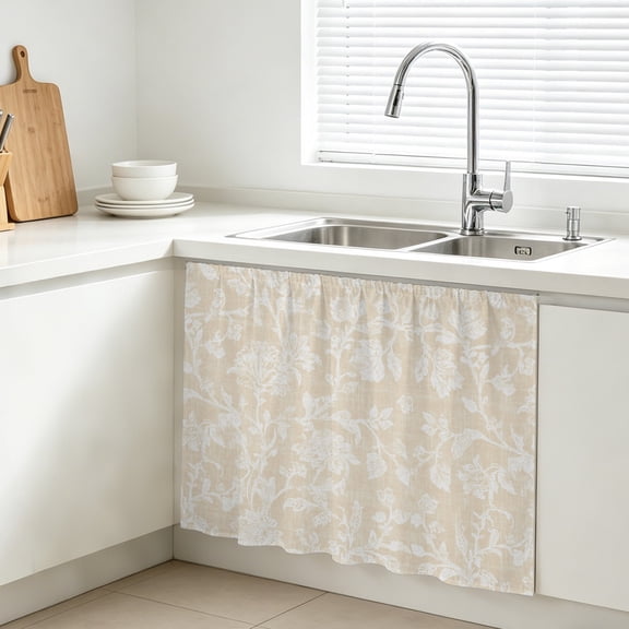 Beige Floral Cabinet Curtains for Kitchen 11"W x 13"L, Pastoral White Cream Petal Leaf Botanical Linen Vanity Cabinet Curtains Magic Tape Short Curtain Decor Privacy Panel for Bathroom Laundry