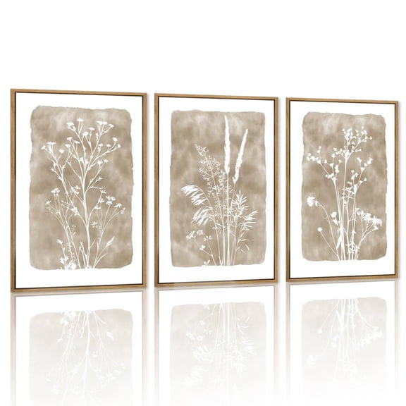Beige Floral Canvas Wall Art Beige Flower Framed Artwork Neutral Wildflower Wall Decor Vintage Plant Art Prints Set of 3 for Living Room Bedroom Office 16x24 Inch
