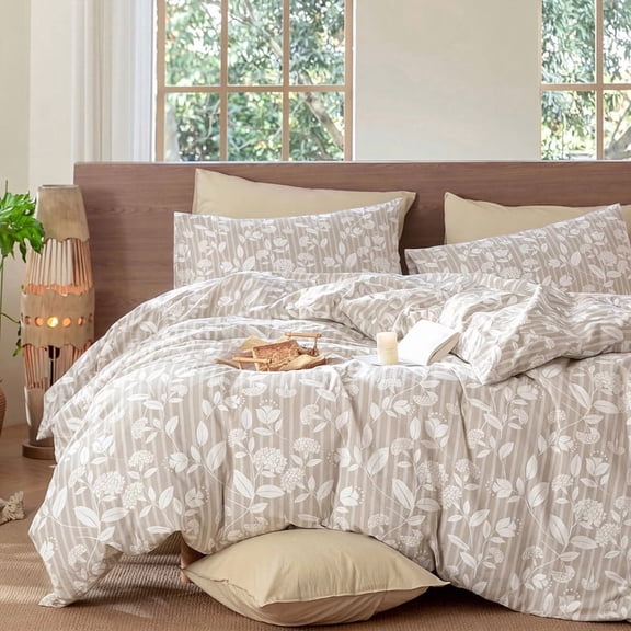 Beige Floral Comforter Set Queen Size, Beige Leaf Floral Stripe Bedding Set, 3 Pieces 100% Cotton Comforter with 2 Pillowcases, Soft Lightweight Neutral Bedding Set All Seasons