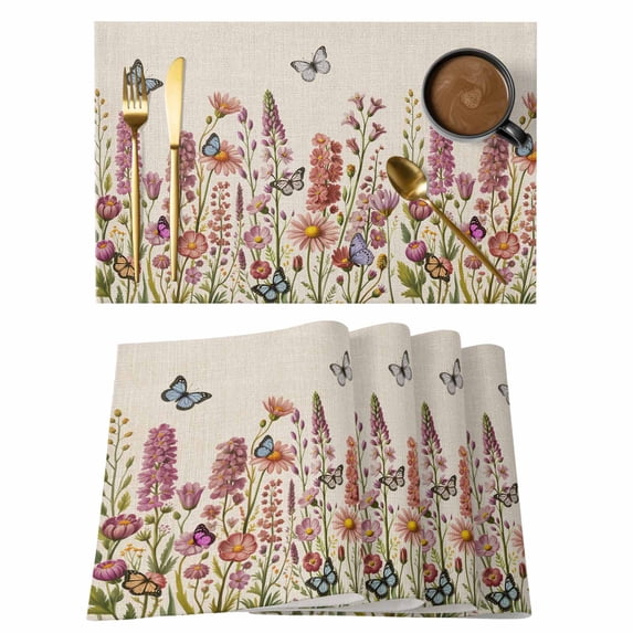 Beige Floral Cotton Linen Placemats Set of 6, Spring Lavender ...