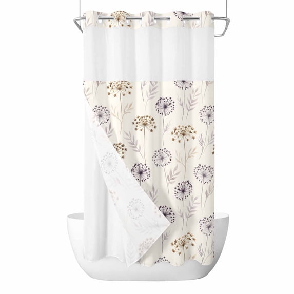 Beige Floral Dandelion No Hook Shower Curtain with Snap in Liner, Waterproof Fabric Shower Curtains, Spring Farmhouse Botanical Flowers Shower Curtain Set Top See Through for Bathroom 36"x78"