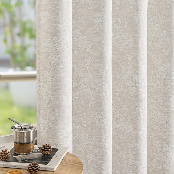 Beige Floral Jacquard Blackout Curtains 108 Inches Long for Bedroom, Scroll Flower Chenille Farmhouse Curtains for Living Room Darkening Thermal Insulated Grommet Window Drapes 2 Panels