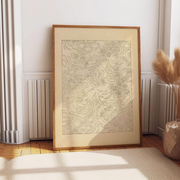 Beige Floral Japanese Linework Museum Wall Decor Unframed Paper Print