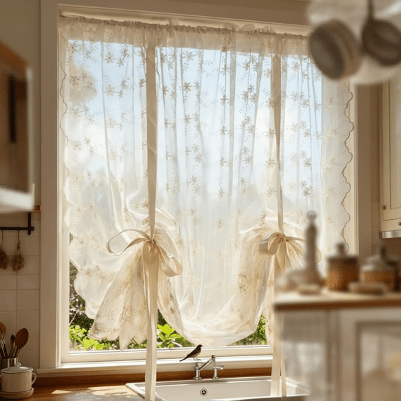 Beige Floral Lace Tie-Up Balloon Curtain with Rod Pocket, Victorian Style Tiered Roman Shade for Kitchen, Cafe, or Balcony Small Windows, Liftable Design (55 Inches Wide x 39 Inches Long)