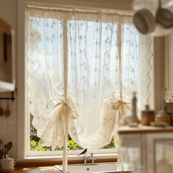 Beige Floral Lace Tie-Up Balloon Curtain with Rod Pocket, Victorian Style Tiered Roman Shade for Kitchen, Cafe, or Balcony Small Windows, Liftable Design (55 Inches Wide x 39 Inches Long)