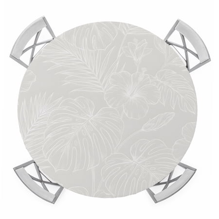 Beige Floral Leaf Round Table Cover, Summer Island Hibiscus Palm Leaf Waterproof Fitted Tablecloths for 45"-54" Tables, Washable Picnic Table Cover for Camping Dining Indoor Outdoor