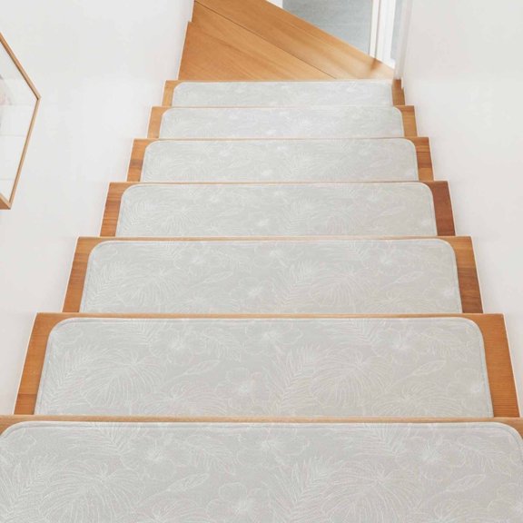 Beige Floral Leaf Stair Treads Non Slip for Steps Summer Island Hibiscus Palm Leaf 10 Pcs Reusable Adhesive Stair Runner Mats for Dogs Elders Carpet Treads Rugs for Staircase 8x30 In