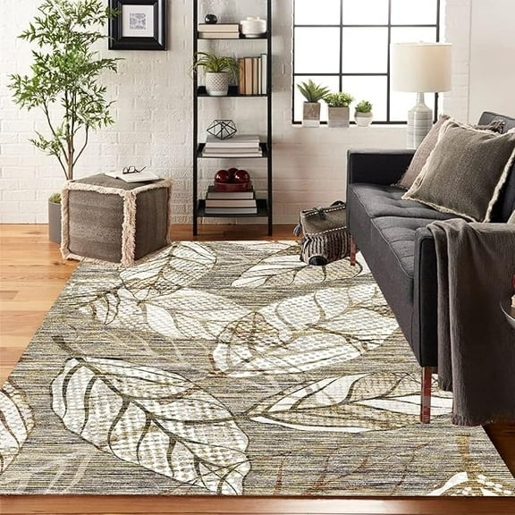 Beige Floral Leaves Area Rug, Modern Abstract Art Decorative Rug, Indoor Rug Anti-Slip Backing Durable Suitable For Living Room Bedroom Study Dining Room 4 x 6ft