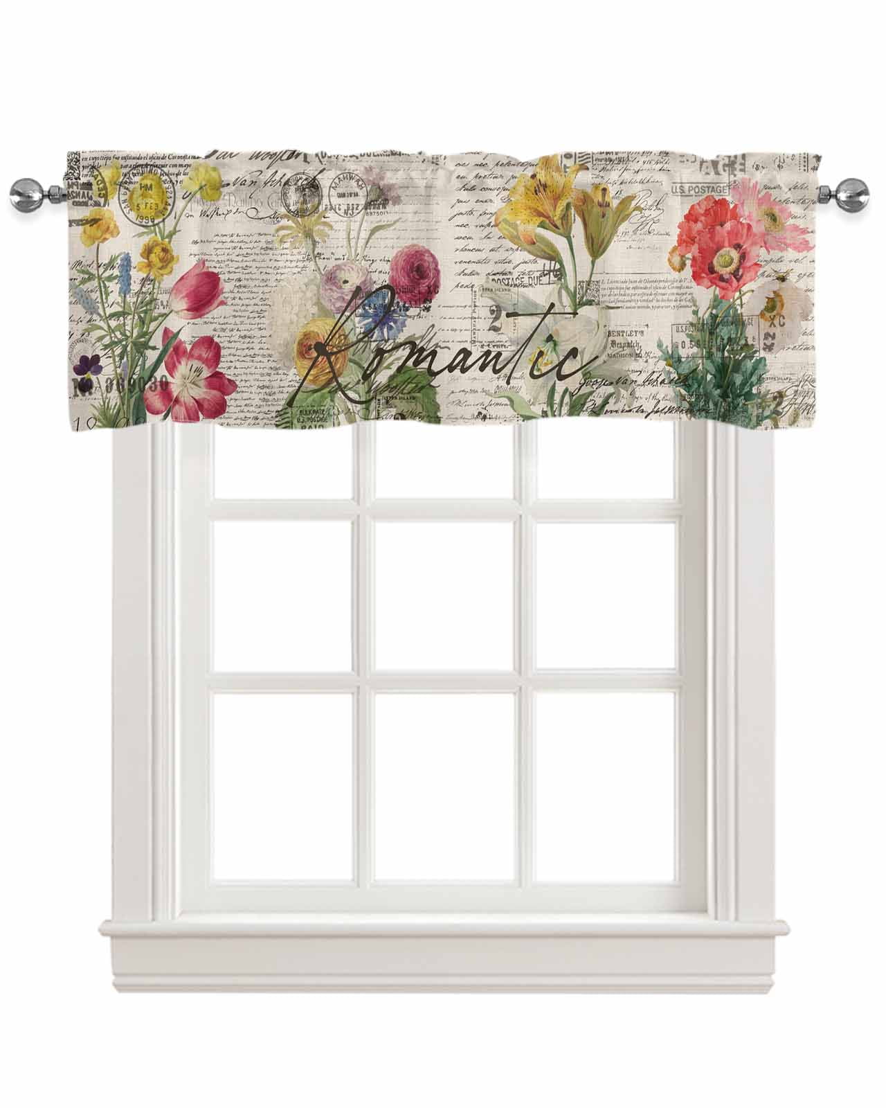 Beige Floral Linen Curtain Valance for Bedroom/Bathroom/Kitchen/Office/Living/Dining Room Window,Vintage Botanical Romantic Shabby Flowers Pocket Topper Drapes Decorative Cafe Drapery Panel 60"x18"