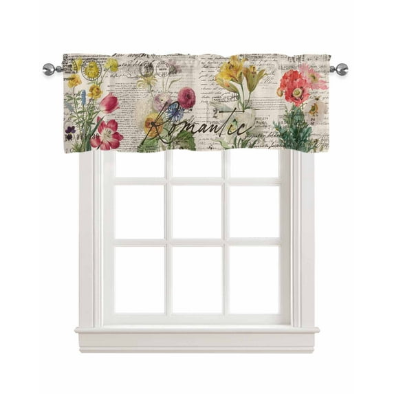 Beige Floral Linen Curtain Valance for Bedroom/Bathroom/Kitchen/Office/Living/Dining Room Window,Vintage Botanical Romantic Shabby Flowers Pocket Topper Drapes Decorative Cafe Drapery Panel 60"x18"