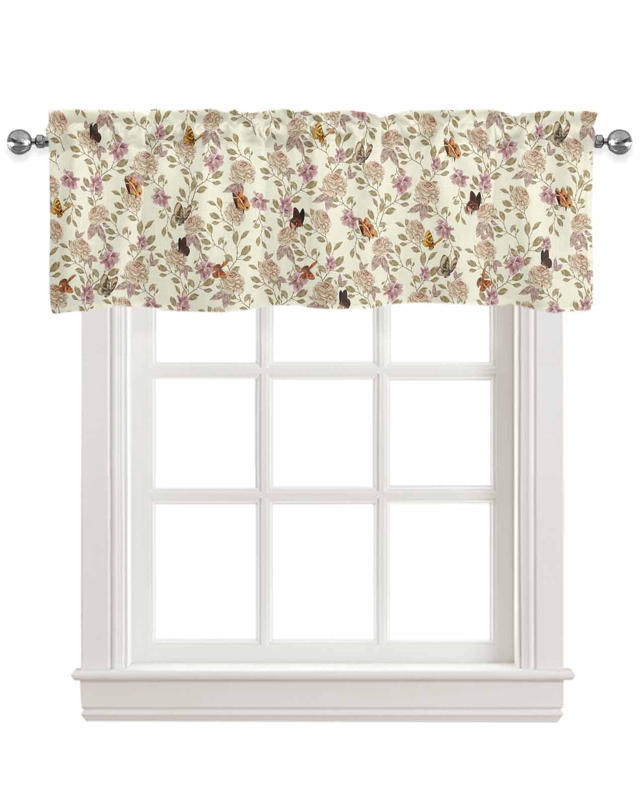 Beige Floral Linen Curtain Valance for Bedroom/Bathroom/Kitchen/Office/Living/Dining Room Windows,Retro Botanical Romantic Leaves Garden Herb Pocket Topper Drapes Decorative Cafe Drapery Panel 54x18