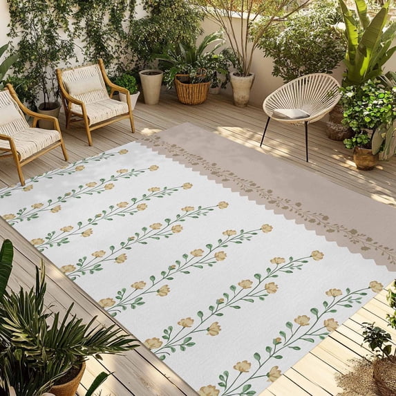 Beige Floral Outdoor Rug for Patio/Deck/Porch, Non-Slip Large Area Rug 5 x 8 Ft, Spring Summer Botanical Flowers Indoor Outdoor Rugs Washable Area Rugs, Reversible Camping Rug Carpet Runner