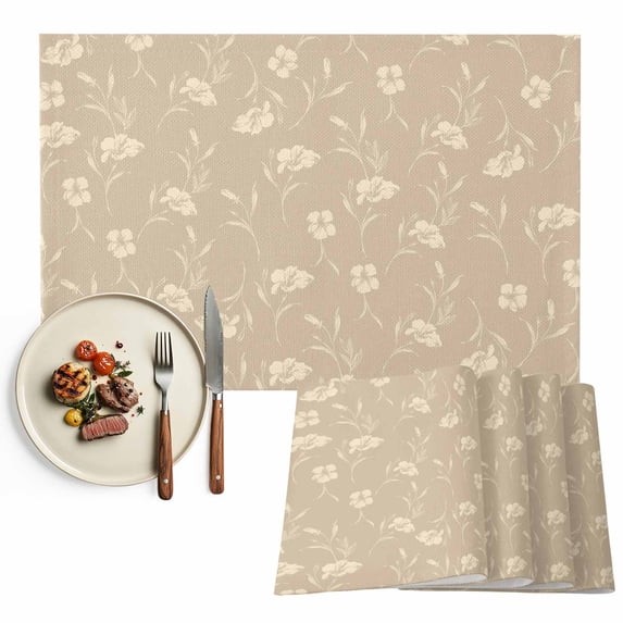 Beige Floral Placemats Set of 4, Vintage Spring Botanical Flowers Washable Wipeable Table Mats for Dining Tables, Indoor Outdoor Kitchen Place Mats for Holiday Party Table Decor