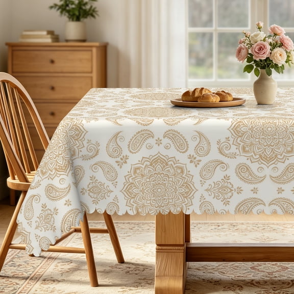 Beige Floral Rectangle Tablecloth,52x70 Inch,Waterproof Table Cover for Kitchen Dining Party Decor