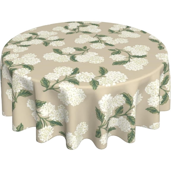 Beige Floral Round Tablecloth 70 Inch Khaki Green Hydrangea Flower Table Cloth Spring Summer Holiday Table Covers Polyester Indoor Outdoor Farmhouse Tablecloths for Kitchen Dining Party