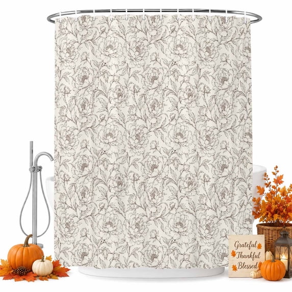Beige Floral Shower Curtain Set - Long 72" x 84" Washable Bathtub Curtain with 12 Hooks, Elegant Pastoral Flowers Abstract Art Waterproof Fabric Stall Shower Curtains for Bathroom/Bathtub Décor