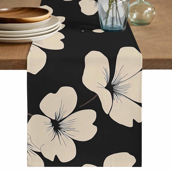 Beige Floral Silhouette Table Runner, Farmhouse Vintage Flowers Washable Cotton Linen Table Runners 48 Inches Long, Dresser Scarf Runner for Nightstand/Coffee/End Tables 13''x48''