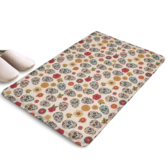 Beige Floral Skull Pattern Flannel Non Slip Door Rugs,Washable Door Mats Indoor,Decorative Door Mats,Dirt-Resistant and Absorbent Doormat for Entrance,Bedroom,Kitchen,Bathroom,23.5x16in(60x40cm)