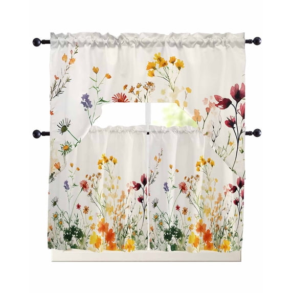 Beige Floral Spring Kitchen Curtain and Valance Set 3 Pieces, Rod ...