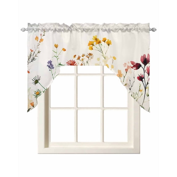 Beige Floral Spring Kitchen Curtains Swag Valance for Windows/Bathroom/Cafe, Vintage Farmhouse Flowers Rod Pocket Drape Panel Swag Curtain Valance for Bedroom/Living Room 55''x36''