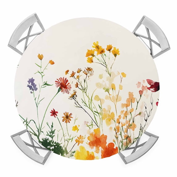 Beige Floral Spring Round Tablecloth for 55-60 Inch Tables, Fitted Table Cover with Elastic Edge, Vintage Farmhouse Flowers Waterproof Outdoor Table Cloth Protector for Patio Garden Dinner Picnic