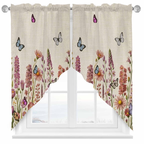 Beige Floral Swag Kitchen Curtain Valances, Spring Lavender WildFlower Blue Butterfly Botanical Rod Pocket Curtains Window Treatment Decor Valances for Bedroom Bathroom, 2 Panels 28 x 36 Inch