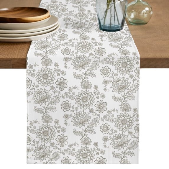 Beige Floral Table Runner 72 Inches Long, Abstract Art Flowers Traditional Cotton Linen Table Runners Dresser Scarves, Decorative Fabric Tabletop Scarf Furniture Cover for Home Dinner Party 13"x72"