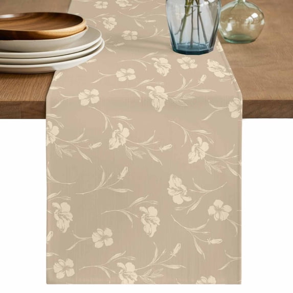 Beige Floral Table Runner, Vintage Spring Botanical Flowers Washable Cotton Linen Table Runners 70 Inches Long, Dresser Scarf Runner for Dining/Kitchen/Coffee/TV Stands/Cabinets 13''x70''