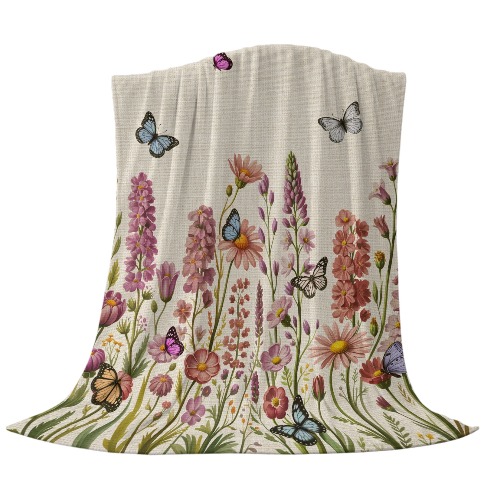 Beige Floral Throw Flannel Blanket Spring Lavender Wildflowers Blue ...
