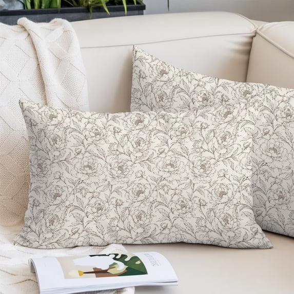 Beige Floral Throw Pillow Cover, Pillowcase Protectors with Zipper, Breathable Decorative Lumbar Pillow Case Cover, Elegant Pastoral Flowers Abstract Art Pillow Shams for Couch Sofa 12x20Inch