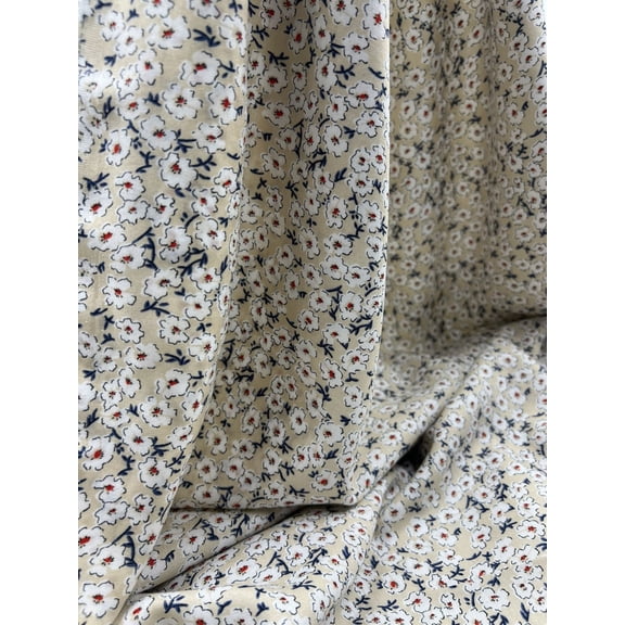Beige Floral Viscose Fabric by Yard Lightweight Soft Drapey Summer Dress Blouse Fabric, Breathable Printed Viscose Sewing Material (2.5 Meters)