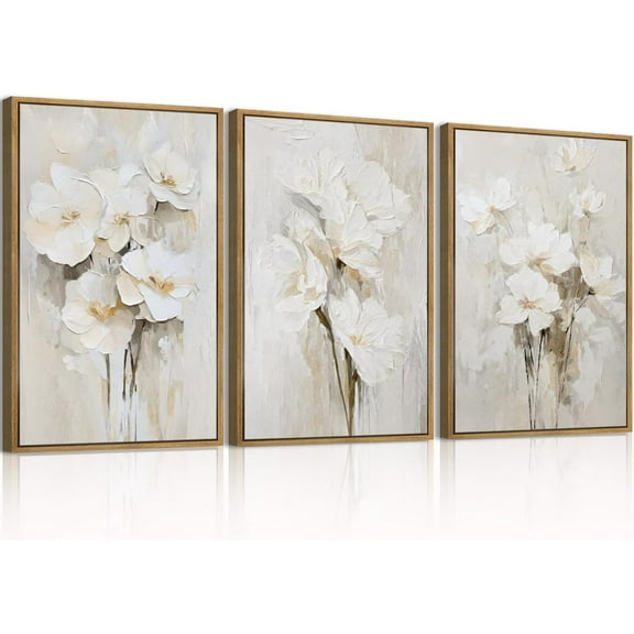 Beige Floral Wall Art Neutral Flower Wall Decor for Living Room Bedroom Dining Room 16x24 Inch Set of 3