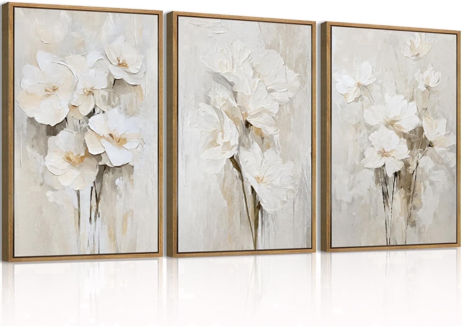 Beige Floral Wall Art Neutral Flower Wall Decor for Living Room Bedroom Dining Room 16x24 Inch Set of 3