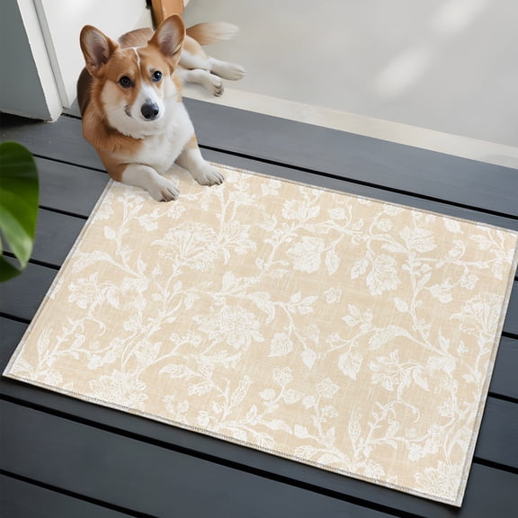 Beige Floral Washable Entry Rug 2x3 Pastoral White Cream Petal Leaf Botanical Linen Low Pile Indoor Door Mat with Rubber Backing Thin Area Rug for for Entrance, Bedroom, Kitchen, Laundry, Bathroom