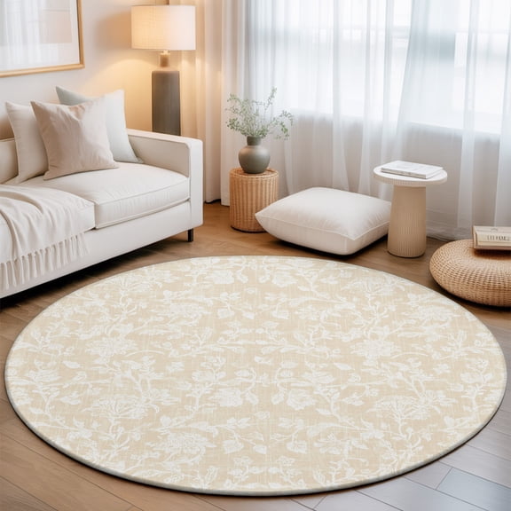 Beige Floral Washable Round Area Rug 7 ft, Pastoral White Cream Petal Leaf Botanical Linen Soft Non Slip Rugs Stain Repellent Indoor Felt Carpet for Living Dining Room Bedroom Home Office