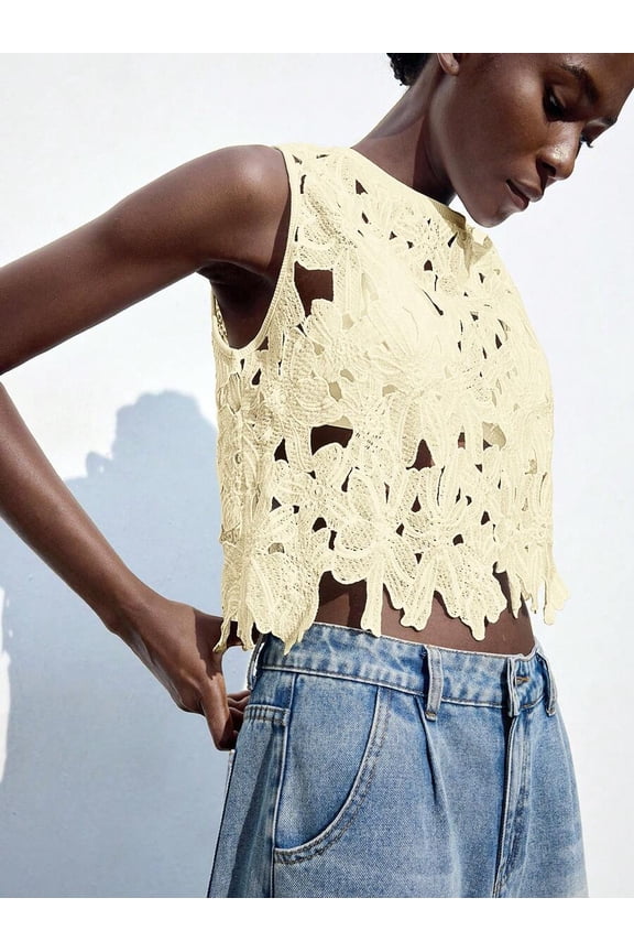 Beige Floral Water-Soluble Lace Crop Top, Casual Vacation Beach Cover Up, Summer Wear