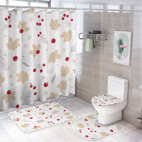 Beige Floral with Red Berries Shower Curtain Set Modern Bathroom Decor Mats 4pcs Fabric Bathroom Curtain Slip Floor Rug Toilet Lid