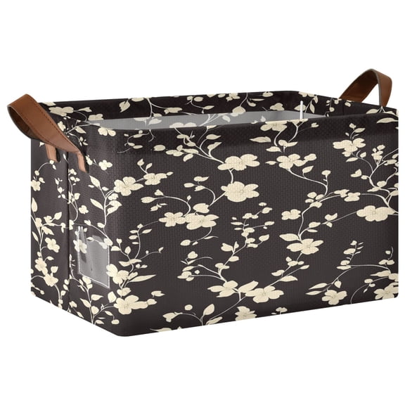Beige Flower Branch Foldable Storage Large Fabric Storage Baskets Organizer Storage Bins with Handles for Shelves