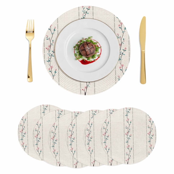 Beige Flower Branch Round 13 Inch Placemats Set of 6, Spring Summer Farmhouse Botanical HeatResistant Non Slip Place Mats for Dining Table, Wipeable Braided Kitchen Table Mats for Housewarming